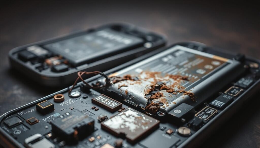 A close-up image of a smartphone's internal components showcasing severe corrosion damage. The foreground features detailed parts, including a corroded circuit board with rusted metal contacts and frayed wiring. In the middle ground, a partially disassembled phone reveals its battery, with visible swelling and discoloration from heat exposure. The background is softly blurred to emphasize the components, enhancing the focus on the damage. Use dramatic lighting to create deep shadows and highlights that accentuate the textures of the corrosion. The scene should convey a somber mood, reflecting the seriousness of the issue, with a clean, well-defined composition shot from a slight overhead angle to provide a comprehensive view. A close-up image of a smartphone's internal components showcasing severe corrosion damage. The foreground features detailed parts, including a corroded circuit board with rusted metal contacts and frayed wiring. In the middle ground, a partially disassembled phone reveals its battery, with visible swelling and discoloration from heat exposure. The background is softly blurred to emphasize the components, enhancing the focus on the damage. Use dramatic lighting to create deep shadows and highlights that accentuate the textures of the corrosion. The scene should convey a somber mood, reflecting the seriousness of the issue, with a clean, well-defined composition shot from a slight overhead angle to provide a comprehensive view.