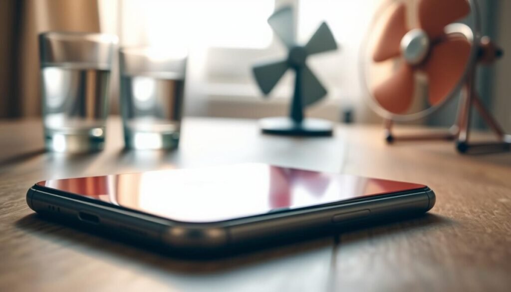 A close-up image of an Apple iPhone laying flat on a wooden table, visibly showing a red warning icon on the screen indicating overheating. The iPhone is slightly tilted to reveal the glow of the screen, which contrasts against the natural wood texture. Soft, diffused natural light filters in from a nearby window, casting gentle shadows and creating a warm atmosphere. In the background, faint outlines of a cool glass of water and a small fan suggest a room setting where someone might quickly fix the overheating issue. The focus is sharp on the iPhone, while the background remains slightly blurred to emphasize the device's distress. The overall mood conveys urgency and concern, highlighting the need for immediate action to cool down the iPhone. A close-up image of an Apple iPhone laying flat on a wooden table, visibly showing a red warning icon on the screen indicating overheating. The iPhone is slightly tilted to reveal the glow of the screen, which contrasts against the natural wood texture. Soft, diffused natural light filters in from a nearby window, casting gentle shadows and creating a warm atmosphere. In the background, faint outlines of a cool glass of water and a small fan suggest a room setting where someone might quickly fix the overheating issue. The focus is sharp on the iPhone, while the background remains slightly blurred to emphasize the device's distress. The overall mood conveys urgency and concern, highlighting the need for immediate action to cool down the iPhone.