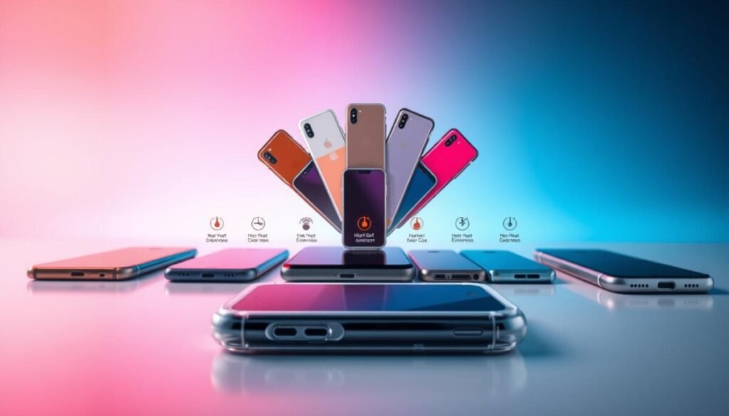 A close-up image of different phone cases arranged on a sleek, modern surface, showcasing a variety of materials such as silicone, plastic, and metal. In the foreground, focus on a high-quality, transparent silicone case, revealing the phone inside, with heat emission graphics subtly illustrated around it. The middle section features various case types in a semicircular display, each labeled with small, unobtrusive icons representing heat dissipation capabilities. The background should be a smooth, gradient color that transitions from cool blues to warm reds, symbolizing temperature differences. The lighting should be soft yet focused, highlighting the textures of the materials while maintaining a clean, professional look. The atmosphere should convey a sense of technological sophistication and analytical study. A close-up image of different phone cases arranged on a sleek, modern surface, showcasing a variety of materials such as silicone, plastic, and metal. In the foreground, focus on a high-quality, transparent silicone case, revealing the phone inside, with heat emission graphics subtly illustrated around it. The middle section features various case types in a semicircular display, each labeled with small, unobtrusive icons representing heat dissipation capabilities. The background should be a smooth, gradient color that transitions from cool blues to warm reds, symbolizing temperature differences. The lighting should be soft yet focused, highlighting the textures of the materials while maintaining a clean, professional look. The atmosphere should convey a sense of technological sophistication and analytical study.