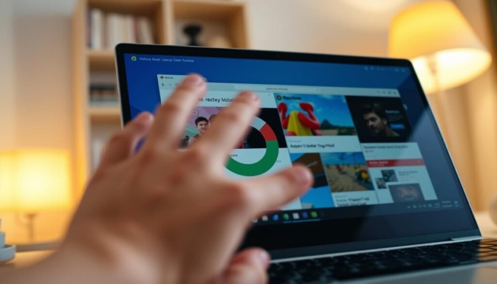 A close-up of a Chromebook screen displaying multiple browser tabs, some refreshing with a dynamic reload icon prominently visible. In the foreground, the browser interface showcases vivid, colorful web pages juxtaposed with the spinning reload icon to indicate action. The middle ground includes a slightly blurred hand reaching towards the screen, suggesting user interaction in a moment of troubleshooting. The background features a cozy home office setting with a soft-focus bookshelf and a warm desk lamp casting gentle yellow light, creating a calming atmosphere. The overall mood is one of focus and determination, highlighting the process of navigating browser crashes and reloading tabs in a practical, relatable environment. A close-up of a Chromebook screen displaying multiple browser tabs, some refreshing with a dynamic reload icon prominently visible. In the foreground, the browser interface showcases vivid, colorful web pages juxtaposed with the spinning reload icon to indicate action. The middle ground includes a slightly blurred hand reaching towards the screen, suggesting user interaction in a moment of troubleshooting. The background features a cozy home office setting with a soft-focus bookshelf and a warm desk lamp casting gentle yellow light, creating a calming atmosphere. The overall mood is one of focus and determination, highlighting the process of navigating browser crashes and reloading tabs in a practical, relatable environment.