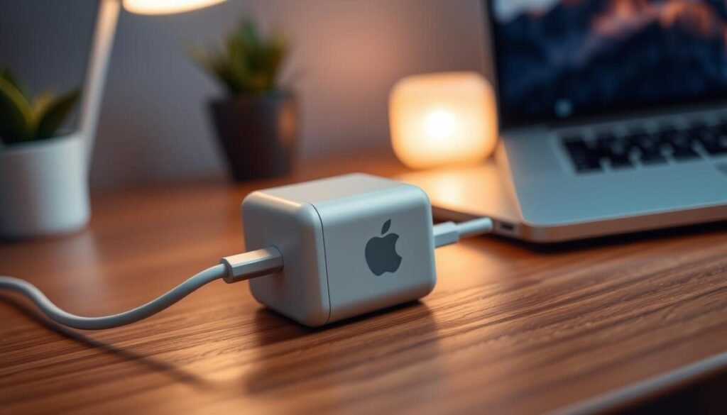 A close-up of a MagSafe charger on a sleek wooden desk, highlighting its elegant design with smooth contours and a metallic finish. The charger is plugged into a modern laptop, showing a subtle glowing connection. The background features soft-focus elements like a minimalist desk lamp and a potted plant, creating a calm and professional atmosphere. The lighting is warm and soft, casting gentle shadows to enhance the textures of the charger and the desk surface. The camera angle is slightly tilted overhead, emphasizing the charger’s functionality and integration into a workspace. The overall mood should convey a sense of technological sophistication and everyday usability. A close-up of a MagSafe charger on a sleek wooden desk, highlighting its elegant design with smooth contours and a metallic finish. The charger is plugged into a modern laptop, showing a subtle glowing connection. The background features soft-focus elements like a minimalist desk lamp and a potted plant, creating a calm and professional atmosphere. The lighting is warm and soft, casting gentle shadows to enhance the textures of the charger and the desk surface. The camera angle is slightly tilted overhead, emphasizing the charger’s functionality and integration into a workspace. The overall mood should convey a sense of technological sophistication and everyday usability.