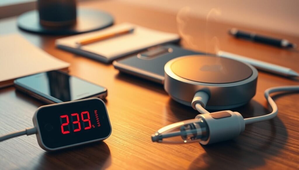 A close-up of a MagSafe charger resting on a sleek, modern wooden desk, radiating warm light to indicate heat. The charger, with its circular design and metallic surface, features wisps of steam gently rising from it, suggesting it has overheated. In the foreground, there's a digital thermometer measuring the high temperature, glowing with red digits. In the middle ground, a softly blurred iPhone is partially connected to the charger, showcasing its compatibility while hinting at potential issues. In the background, there are blurred office supplies like a notebook and a pen, creating a professional atmosphere. The lighting is bright yet warm, casting soft shadows and highlighting the charger’s contours, evoking a sense of caution and concern. A close-up of a MagSafe charger resting on a sleek, modern wooden desk, radiating warm light to indicate heat. The charger, with its circular design and metallic surface, features wisps of steam gently rising from it, suggesting it has overheated. In the foreground, there's a digital thermometer measuring the high temperature, glowing with red digits. In the middle ground, a softly blurred iPhone is partially connected to the charger, showcasing its compatibility while hinting at potential issues. In the background, there are blurred office supplies like a notebook and a pen, creating a professional atmosphere. The lighting is bright yet warm, casting soft shadows and highlighting the charger’s contours, evoking a sense of caution and concern.