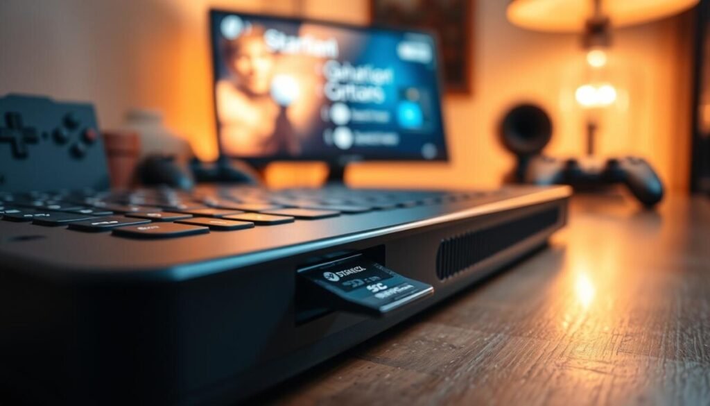 A close-up of a Steam Deck console on a wooden desk, with a highlighted SD card slot and an SD card partially inserted. In the foreground, the SD card gleams with intricate details, revealing its branding. The middle layer features the Steam Deck displaying a vibrant, well-lit screen showcasing a user-friendly interface for managing storage options. In the background, soft-focus gaming accessories and a warm, ambient lamp create a cozy atmosphere. The scene is illuminated by soft, diffused lighting, focusing on the console, with an angle that emphasizes the SD card's integration. The overall mood is informative and inviting, ideal for highlighting the technological nuances of card recognition.