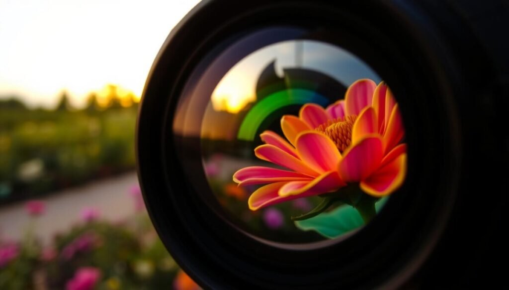 A close-up of a detailed camera lens capturing a blooming flower in the foreground, showcasing a vibrant array of petals in rich colors like deep pink and bright yellow. The middle ground features a softly blurred garden scene with greenery and additional flowers, creating a harmonic contrast that accentuates the flower's details. In the background, a softly lit sky transitions to a warm golden hue, indicating the time of day is early evening. The lighting is warm and soft, casting gentle shadows and highlighting the textures of the flower. Aim for a sharp focus on the flower with a pronounced bokeh effect surrounding it, evoking a serene and inviting atmosphere that illustrates the concept of depth of field in photography. A close-up of a detailed camera lens capturing a blooming flower in the foreground, showcasing a vibrant array of petals in rich colors like deep pink and bright yellow. The middle ground features a softly blurred garden scene with greenery and additional flowers, creating a harmonic contrast that accentuates the flower's details. In the background, a softly lit sky transitions to a warm golden hue, indicating the time of day is early evening. The lighting is warm and soft, casting gentle shadows and highlighting the textures of the flower. Aim for a sharp focus on the flower with a pronounced bokeh effect surrounding it, evoking a serene and inviting atmosphere that illustrates the concept of depth of field in photography.