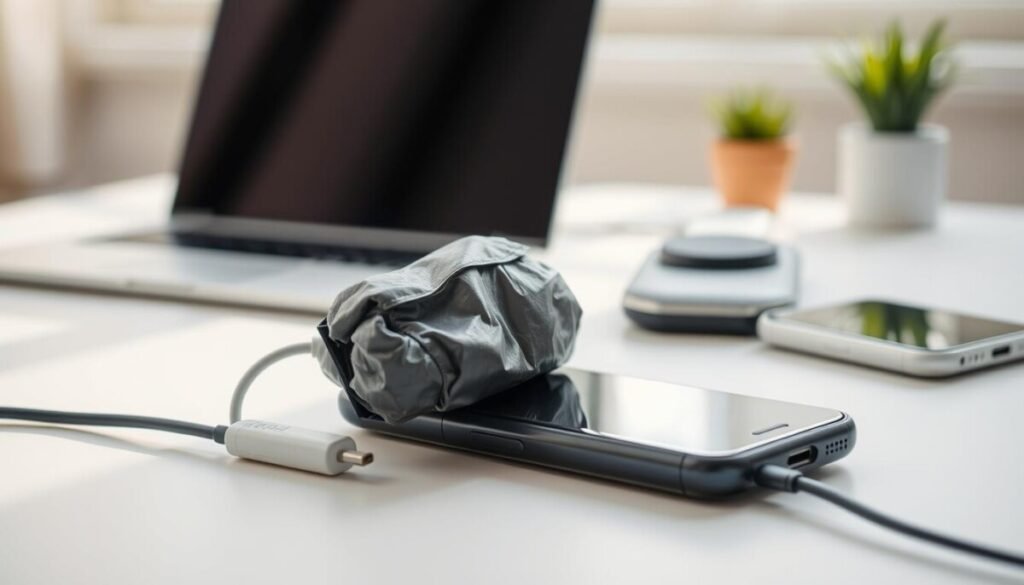 A close-up of a distorted, swollen smartphone battery with visible bulges and wear, set against a clean, organized desk workspace. In the foreground, the swollen battery is placed next to a charging cable and a smartphone, emphasizing smart charging habits. The middle ground features a well-lit, modern workspace with a laptop and a wireless charger, suggesting a tech-savvy environment. Soft, diffused natural light streams in from a window, creating a calm and informative atmosphere. The overall composition conveys a sense of alertness and caution, urging viewers to recognize the importance of proper charging practices. The depth of field focuses sharply on the battery, with a blurred background to enhance the emphasis on the smartphone battery issue. A close-up of a distorted, swollen smartphone battery with visible bulges and wear, set against a clean, organized desk workspace. In the foreground, the swollen battery is placed next to a charging cable and a smartphone, emphasizing smart charging habits. The middle ground features a well-lit, modern workspace with a laptop and a wireless charger, suggesting a tech-savvy environment. Soft, diffused natural light streams in from a window, creating a calm and informative atmosphere. The overall composition conveys a sense of alertness and caution, urging viewers to recognize the importance of proper charging practices. The depth of field focuses sharply on the battery, with a blurred background to enhance the emphasis on the smartphone battery issue.