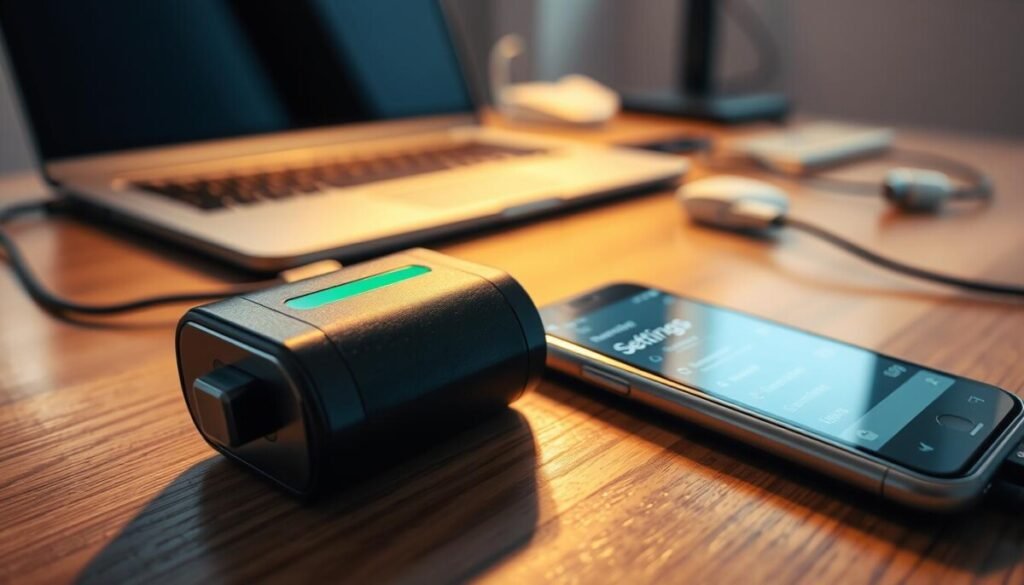 A close-up of a modern smartphone battery displayed prominently in the foreground, showcasing detailed labels and a charge level indicator at around 30%. The battery appears slightly worn, emphasizing its usage in high-energy apps. In the middle ground, a partially visible smartphone sits on a sleek wooden desk, its screen glowing softly, displaying a settings menu, suggesting energy consumption. The background features a blurred workspace with a laptop and some charging cables, creating a tech-savvy atmosphere. The lighting is bright but soft, with a warm color tone to convey a sense of urgency and focus. The overall mood is slightly tense, reflecting the theme of battery management and app performance. The image should appear crisp, resembling a high-quality photograph taken with a 50mm lens at a shallow depth of field.