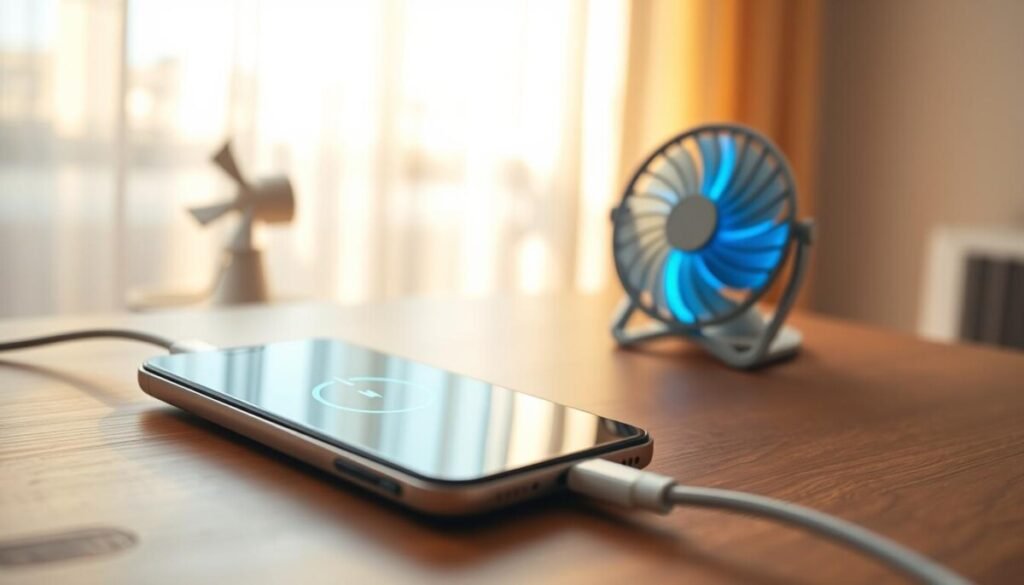 A close-up of a modern smartphone connected to a charger, resting on a sleek wooden table. The phone screen displays a charging symbol, illuminated softly to indicate power. In the middle ground, a small portable fan blows gently, symbolizing cooling technology. The background shows a sunlit window with sheer curtains, casting soft shadows and highlighting the importance of a cool environment for charging. The overall lighting is warm and inviting, creating a serene atmosphere. The composition emphasizes the charging phone in the foreground with a focus on safety and best practices. The image is free of any text overlays, watermarks, or distractions, ensuring a clean presentation. A close-up of a modern smartphone connected to a charger, resting on a sleek wooden table. The phone screen displays a charging symbol, illuminated softly to indicate power. In the middle ground, a small portable fan blows gently, symbolizing cooling technology. The background shows a sunlit window with sheer curtains, casting soft shadows and highlighting the importance of a cool environment for charging. The overall lighting is warm and inviting, creating a serene atmosphere. The composition emphasizes the charging phone in the foreground with a focus on safety and best practices. The image is free of any text overlays, watermarks, or distractions, ensuring a clean presentation.