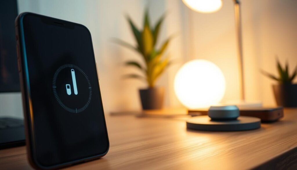 A close-up of a modern smartphone displaying a temperature gauge on its screen, illustrating a heated device. In the foreground, the phone is angled at about 45 degrees to capture the screen clearly, with a subtle heat wave effect radiating from it. The middle ground features a stylish, minimalist desk setup with a wireless charger and a temperature monitoring gadget. The background shows a softly blurred room, illuminated with warm, diffused lighting that adds a sense of serenity. The atmosphere is calm yet technical, conveying the importance of managing device temperature. Overall, the image should highlight the concept of temperature management in technology, emphasizing a professional and informative quality without any text or distractions. A close-up of a modern smartphone displaying a temperature gauge on its screen, illustrating a heated device. In the foreground, the phone is angled at about 45 degrees to capture the screen clearly, with a subtle heat wave effect radiating from it. The middle ground features a stylish, minimalist desk setup with a wireless charger and a temperature monitoring gadget. The background shows a softly blurred room, illuminated with warm, diffused lighting that adds a sense of serenity. The atmosphere is calm yet technical, conveying the importance of managing device temperature. Overall, the image should highlight the concept of temperature management in technology, emphasizing a professional and informative quality without any text or distractions.