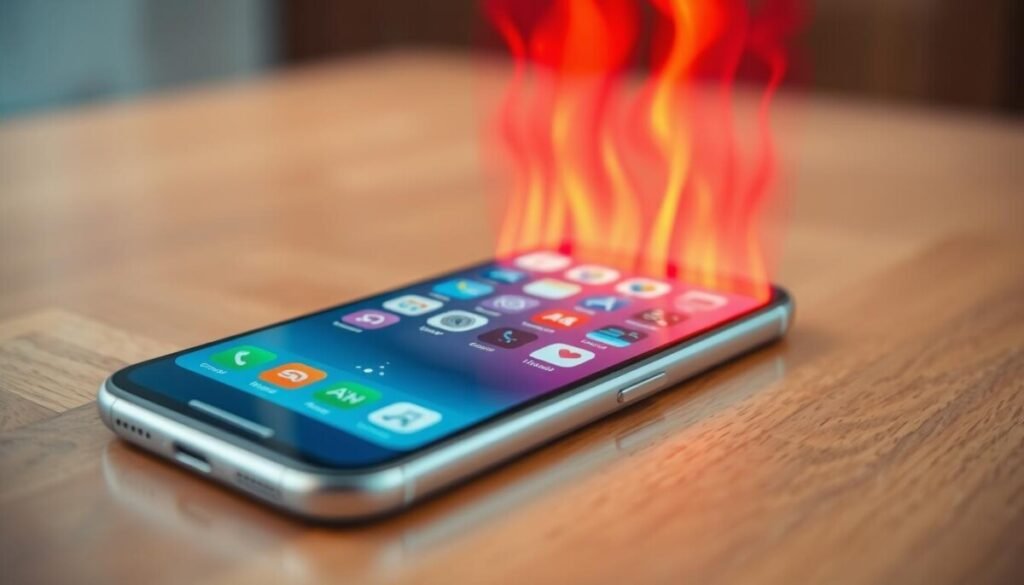 A close-up of a modern smartphone on a sleek wooden surface, visibly overheating with bright, red and orange heat waves emanating from it. The phone’s screen displays a busy interface filled with app icons, indicating multiple background processes. Soft, diffused lighting highlights the device’s metallic edges, creating a stark contrast with the warm tones of the wooden background. In the blurred background, a subtle representation of binary code and software elements floats, hinting at the underlying processes causing the overheating. The atmosphere should feel tense and urgent, reflecting the potential risks of technology. The camera angle is slightly tilted to enhance the dynamic feel of the scene while capturing the smartphone’s details. A close-up of a modern smartphone on a sleek wooden surface, visibly overheating with bright, red and orange heat waves emanating from it. The phone’s screen displays a busy interface filled with app icons, indicating multiple background processes. Soft, diffused lighting highlights the device’s metallic edges, creating a stark contrast with the warm tones of the wooden background. In the blurred background, a subtle representation of binary code and software elements floats, hinting at the underlying processes causing the overheating. The atmosphere should feel tense and urgent, reflecting the potential risks of technology. The camera angle is slightly tilted to enhance the dynamic feel of the scene while capturing the smartphone’s details.