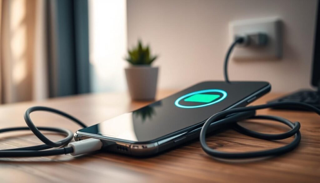 A close-up of a modern smartphone on a wooden desk, showcasing the battery charging icon brightly illuminated on the screen. In the foreground, the phone is surrounded by a coiled charging cable, with a power adapter plugged into a wall outlet in the background. Soft, natural lighting filters in from a nearby window, casting gentle shadows and highlighting the phone's sleek design. The middle ground features a subtle, blurred outline of a potted plant, emphasizing a calm and organized workspace. Create a slightly warm atmosphere that conveys a sense of comfort and practicality, with a focus on the charging process and its impact on device performance.