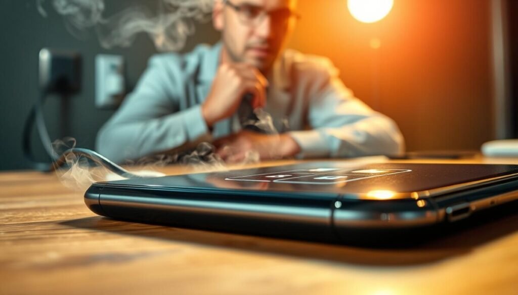 A close-up of a modern smartphone, prominently displaying signs of overheating, such as a visible heat haze and warning symbols on the screen. In the foreground, the phone rests on a wooden table, with faint smoke emanating from its edges. The middle ground showcases a worried individual in professional attire, gazing at the phone in concern, while a blurred background includes a charging cable plugged into a wall outlet. The lighting is warm and harsh, highlighting the smartphone's glossy screen and creating dramatic shadows. The atmosphere feels tense, capturing the urgency and seriousness of the overheating issue. The image is focused and detailed, emphasizing the interplay of technology and potential danger, making the viewer acutely aware of the risks associated with an overheating device. A close-up of a modern smartphone, prominently displaying signs of overheating, such as a visible heat haze and warning symbols on the screen. In the foreground, the phone rests on a wooden table, with faint smoke emanating from its edges. The middle ground showcases a worried individual in professional attire, gazing at the phone in concern, while a blurred background includes a charging cable plugged into a wall outlet. The lighting is warm and harsh, highlighting the smartphone's glossy screen and creating dramatic shadows. The atmosphere feels tense, capturing the urgency and seriousness of the overheating issue. The image is focused and detailed, emphasizing the interplay of technology and potential danger, making the viewer acutely aware of the risks associated with an overheating device.