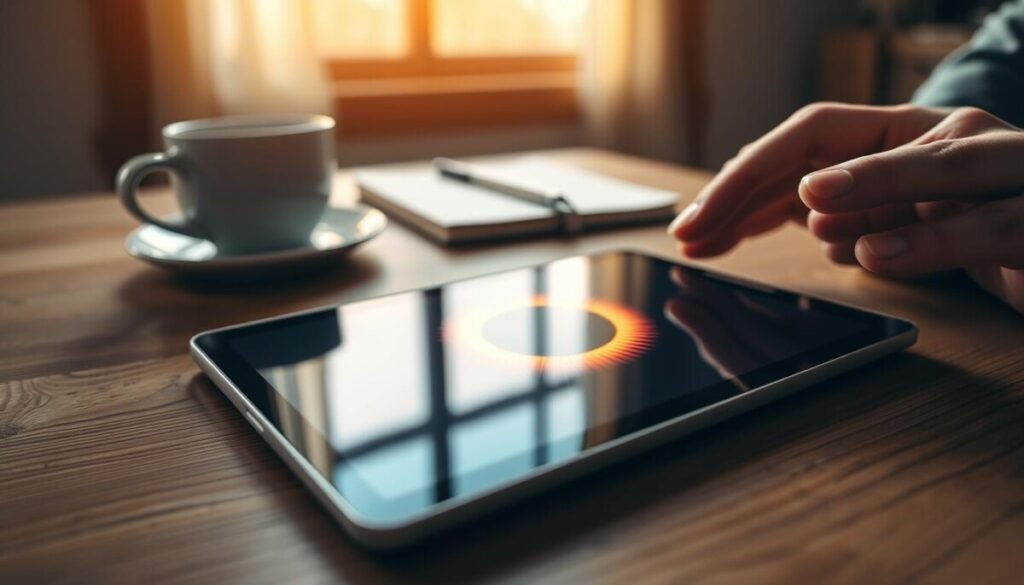 A close-up of a modern tablet resting on a wooden table, exhibiting signs of heat while charging. The tablet's screen shows a slightly animated charging icon with warm colors like orange and yellow emanating from its surface. In the foreground, a pair of hands gently touch the tablet, fingers slightly curled as if assessing the temperature. The middle section displays a soft-focus coffee cup and a notebook, suggesting a casual work environment. In the background, natural light filters through a nearby window, casting warm hues across the scene, creating a cozy yet concerning atmosphere. The overall mood reflects a mix of urgency and calm, illustrating the immediate steps needed to cool down a device, with attention to detail in texture and color, ensuring no distractions from the main subject. A close-up of a modern tablet resting on a wooden table, exhibiting signs of heat while charging. The tablet's screen shows a slightly animated charging icon with warm colors like orange and yellow emanating from its surface. In the foreground, a pair of hands gently touch the tablet, fingers slightly curled as if assessing the temperature. The middle section displays a soft-focus coffee cup and a notebook, suggesting a casual work environment. In the background, natural light filters through a nearby window, casting warm hues across the scene, creating a cozy yet concerning atmosphere. The overall mood reflects a mix of urgency and calm, illustrating the immediate steps needed to cool down a device, with attention to detail in texture and color, ensuring no distractions from the main subject.