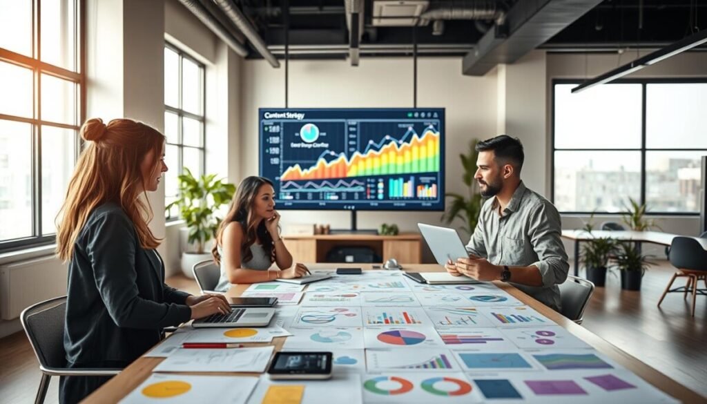 A close-up of a modern workspace showcasing a collaborative environment, illustrating the concept of "content strategy." In the foreground, a diverse group of three professionals—two women and one man—are engaged in discussion around a large table filled with digital devices, notebooks, and colorful mind maps. The middle layer features a large screen displaying vibrant graphs and algorithms, symbolizing platform performance metrics. In the background, a stylish open office setting with natural light streaming through large windows, greenery in the corner, and minimalist decor enhances creativity. The atmosphere is dynamic and productive, evoking a sense of innovation and teamwork. Shot from a slightly elevated angle to capture the interaction, with soft lighting to create a warm and inspiring mood. A close-up of a modern workspace showcasing a collaborative environment, illustrating the concept of "content strategy." In the foreground, a diverse group of three professionals—two women and one man—are engaged in discussion around a large table filled with digital devices, notebooks, and colorful mind maps. The middle layer features a large screen displaying vibrant graphs and algorithms, symbolizing platform performance metrics. In the background, a stylish open office setting with natural light streaming through large windows, greenery in the corner, and minimalist decor enhances creativity. The atmosphere is dynamic and productive, evoking a sense of innovation and teamwork. Shot from a slightly elevated angle to capture the interaction, with soft lighting to create a warm and inspiring mood.