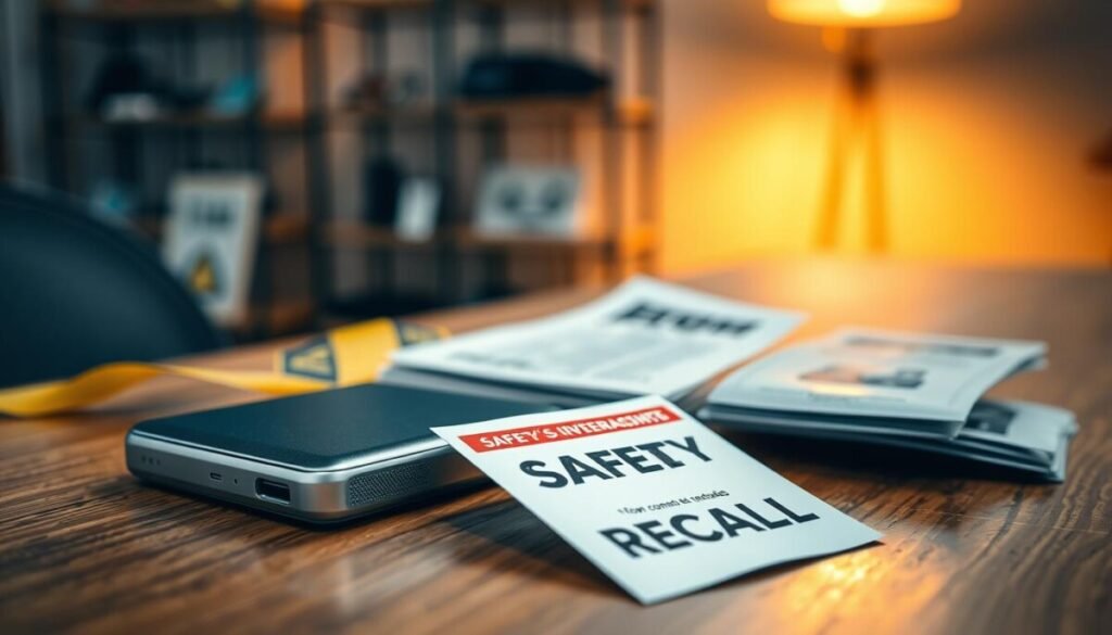 A close-up of a power bank overheating, resting on a wooden table, with visible warning signs around it such as an alert symbol and caution tape. The foreground features the power bank, showcasing its sleek design, with a slight glow indicating excessive heat. In the middle, soft packets of safety documentation (brochures, recall notices) lie adjacent to the power bank, with focus on a highlighted recall notice clearly indicating "Safety Recall". The background shows a softly lit, modern workspace with blurred shelves containing tech gadgets, enhancing the concept of technology and safety. The lighting is warm yet alarming, creating a tense atmosphere that emphasizes the importance of product safety.