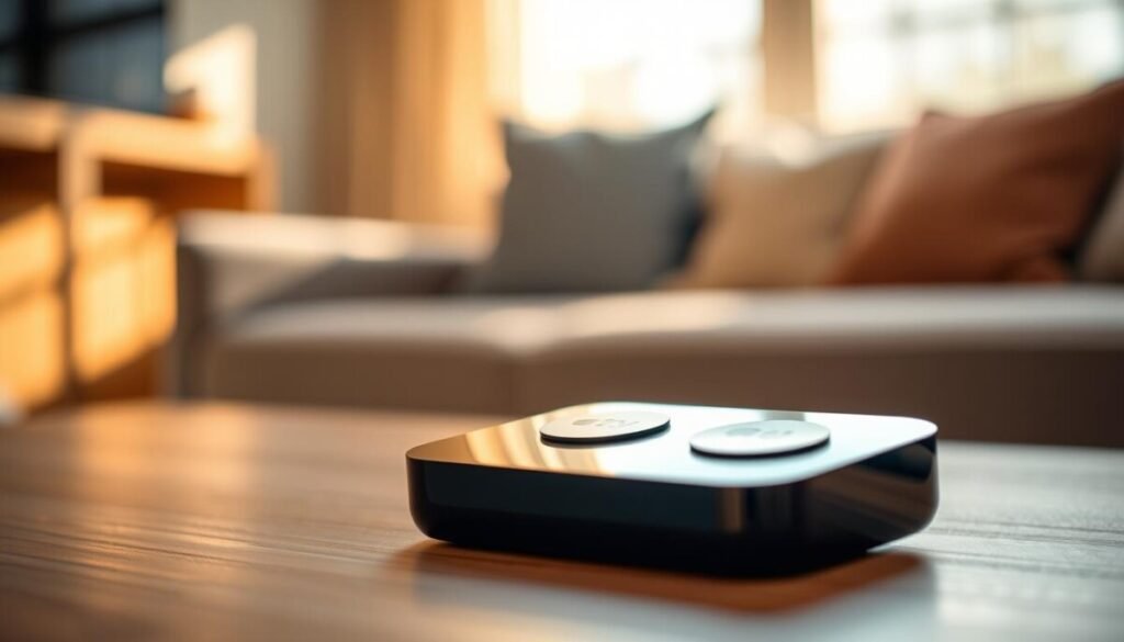 A close-up of a sleek Apple TV Siri Remote, prominently displayed in the foreground. The remote features a minimalist design with a glossy black surface and smooth, rounded edges, showcasing its touch surface and distinctive button layout. The background is softly blurred to highlight the remote, with a subtle gradient of warm tones that evoke a cozy living room atmosphere. Natural light filters in from a nearby window, creating delicate reflections on the remote's surface, enhancing its modern aesthetic. The overall mood is inviting and tech-savvy, capturing the essence of contemporary media consumption. A close-up of a sleek Apple TV Siri Remote, prominently displayed in the foreground. The remote features a minimalist design with a glossy black surface and smooth, rounded edges, showcasing its touch surface and distinctive button layout. The background is softly blurred to highlight the remote, with a subtle gradient of warm tones that evoke a cozy living room atmosphere. Natural light filters in from a nearby window, creating delicate reflections on the remote's surface, enhancing its modern aesthetic. The overall mood is inviting and tech-savvy, capturing the essence of contemporary media consumption.