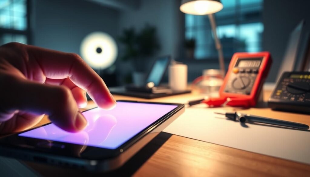 A close-up of a sleek modern smartphone screen displaying vivid brightness contrasts. In the foreground, fingers gently touch the screen, illustrating interaction. The middle ground features a blurred background of an office environment with warm lighting, highlighting a desk with tools for troubleshooting, such as a small screwdriver and a multimeter. Soft, diffused light from a nearby window casts gentle shadows, adding to the atmosphere of focus and innovation. The image composition should evoke a sense of clarity and technical detail, emphasizing how display brightness settings are being adjusted. Capture the mood of concentration and problem-solving without any text or distractions.