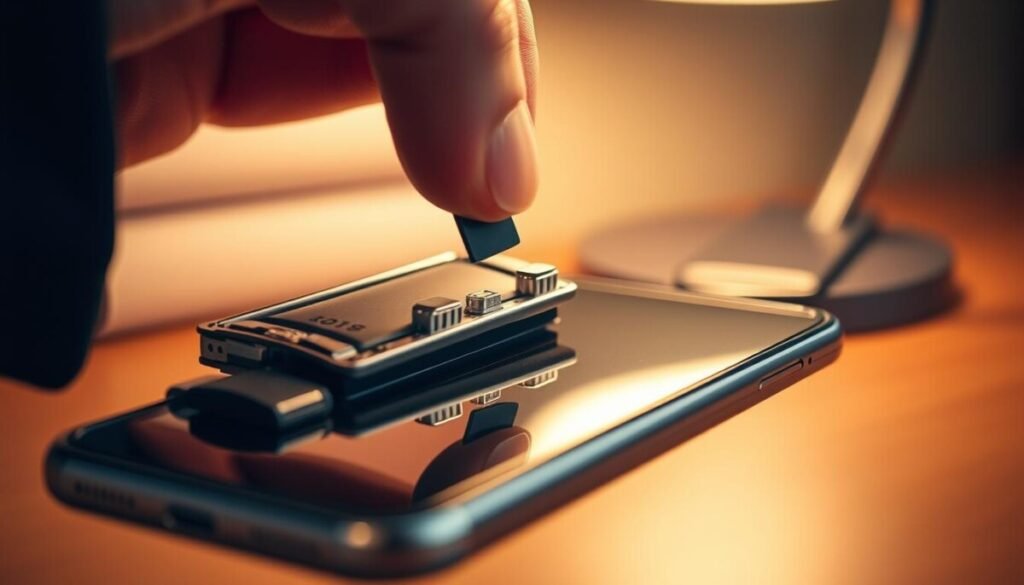 A close-up of a smartphone battery being gently reconnected to a device, showcasing intricate details of the battery’s connectors and pins in a brilliant metallic finish. The foreground features a hand with neatly manicured fingers, dressed in elegant business attire, carefully aligning the battery with the device. In the middle, the sleek, modern smartphone body reflects a polished surface, emphasizing its high-tech design. The background softly blurs with warm, ambient lighting, suggesting a cozy workspace illuminated by a desk lamp, creating a calm and instructional atmosphere. The overall mood is one of meticulous care and technical precision, evoking the feeling of reviving an essential device after a long period of dormancy. A close-up of a smartphone battery being gently reconnected to a device, showcasing intricate details of the battery’s connectors and pins in a brilliant metallic finish. The foreground features a hand with neatly manicured fingers, dressed in elegant business attire, carefully aligning the battery with the device. In the middle, the sleek, modern smartphone body reflects a polished surface, emphasizing its high-tech design. The background softly blurs with warm, ambient lighting, suggesting a cozy workspace illuminated by a desk lamp, creating a calm and instructional atmosphere. The overall mood is one of meticulous care and technical precision, evoking the feeling of reviving an essential device after a long period of dormancy.
