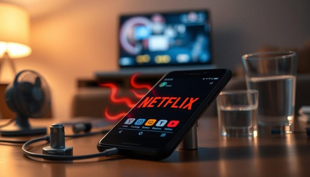A close-up of a smartphone displaying a streaming application like Netflix or YouTube, overheating with visible heat waves emanating from it. In the foreground, the phone is placed on a table surrounded by small objects like a cooling fan and a glass of water, illustrating potential solutions. The middle layer includes a laptop overheating with glowing indicators, highlighting common electronic stressors. In the background, a dimly lit room with soft ambient lighting creates an uneasy mood, symbolizing discomfort from device overheating. The camera angle is slightly tilted to emphasize the phone and the heat effects, while ensuring the entire scene remains professional and visually engaging, focusing on the smartphone's plight without any text or branding. A close-up of a smartphone displaying a streaming application like Netflix or YouTube, overheating with visible heat waves emanating from it. In the foreground, the phone is placed on a table surrounded by small objects like a cooling fan and a glass of water, illustrating potential solutions. The middle layer includes a laptop overheating with glowing indicators, highlighting common electronic stressors. In the background, a dimly lit room with soft ambient lighting creates an uneasy mood, symbolizing discomfort from device overheating. The camera angle is slightly tilted to emphasize the phone and the heat effects, while ensuring the entire scene remains professional and visually engaging, focusing on the smartphone's plight without any text or branding.