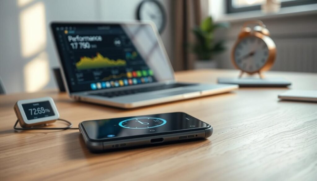 A close-up of a smartphone displaying a temperature gauge, set against a sleek, modern workspace. In the foreground, the phone is sitting on a wooden desk, with a digital thermometer placed nearby, emphasizing the theme of device temperature. The middle ground features a soft-focus laptop displaying performance metrics, hinting at the need for upgrades. The background includes a blurred wall clock and a potted plant, creating a calm office atmosphere. Warm, natural lighting filters in from a window, casting gentle shadows. The overall mood is professional yet slightly urgent, capturing the essence of hardware performance and the importance of recognizing potential overheating issues in technology. A close-up of a smartphone displaying a temperature gauge, set against a sleek, modern workspace. In the foreground, the phone is sitting on a wooden desk, with a digital thermometer placed nearby, emphasizing the theme of device temperature. The middle ground features a soft-focus laptop displaying performance metrics, hinting at the need for upgrades. The background includes a blurred wall clock and a potted plant, creating a calm office atmosphere. Warm, natural lighting filters in from a window, casting gentle shadows. The overall mood is professional yet slightly urgent, capturing the essence of hardware performance and the importance of recognizing potential overheating issues in technology.