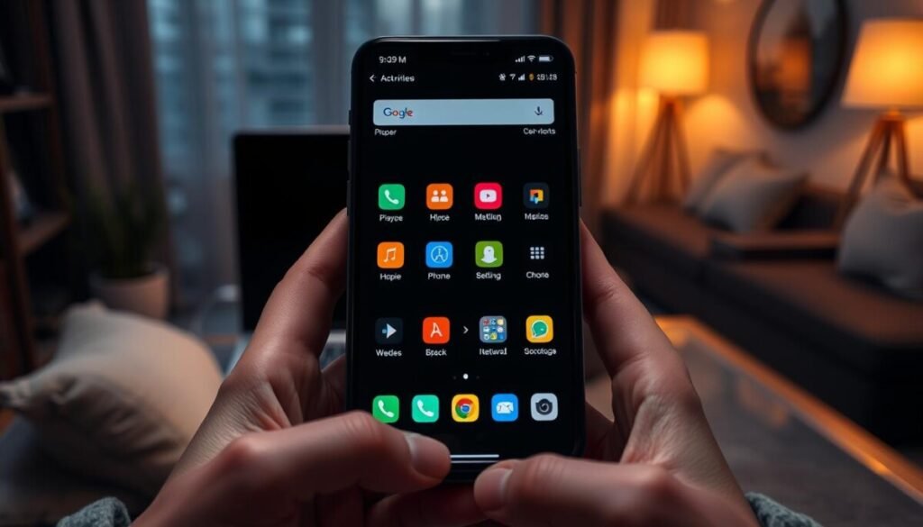A close-up of a smartphone displaying its "dark mode" interface, with an elegant black background and vivid, colorful app icons glowing softly. The device is centered in the foreground, held gently in a professional's hands, wearing modest casual clothing. In the middle, a dimly lit workspace reveals a sleek laptop with similar dark mode settings open beside the phone, emphasizing the theme of power saving through color filters. In the background, a cozy room is illuminated with warm ambient light, creating a calm and modern atmosphere. The lens captures the scene from a slight angle, adding depth and focus on the phone while the soft glow highlights the contrast of dark mode.