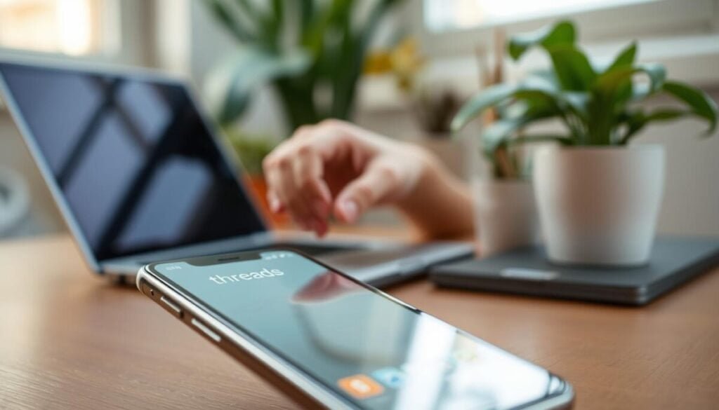 A close-up of a smartphone displaying the Threads app on its screen, highlighted in the foreground. The phone's sleek design features a modern aesthetic, with neutral colors and minimalistic icons, reflecting the essence of digital communication. In the middle, a hand gently taps the screen, emphasizing interaction with the app, while showing a blurred background of a cozy, well-lit workspace filled with a laptop and plants for a warm atmosphere. Soft, natural light filters through a window, creating a calming, inviting mood. The composition suggests efficiency and connectivity, embodying the theme of seamless social media sharing. The angle is slightly elevated to emphasize the phone and the hand, without distractions. A close-up of a smartphone displaying the Threads app on its screen, highlighted in the foreground. The phone's sleek design features a modern aesthetic, with neutral colors and minimalistic icons, reflecting the essence of digital communication. In the middle, a hand gently taps the screen, emphasizing interaction with the app, while showing a blurred background of a cozy, well-lit workspace filled with a laptop and plants for a warm atmosphere. Soft, natural light filters through a window, creating a calming, inviting mood. The composition suggests efficiency and connectivity, embodying the theme of seamless social media sharing. The angle is slightly elevated to emphasize the phone and the hand, without distractions.