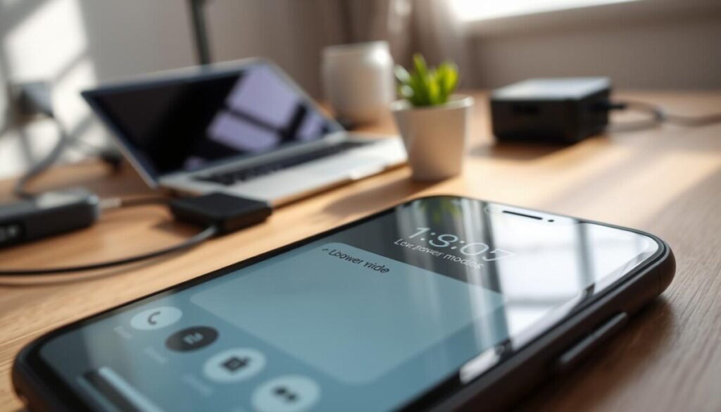 A close-up of a smartphone in low power mode, displayed prominently in the foreground. The screen shows a dimmed interface with battery-saving notifications, and minimal app icons featuring grayscale colors, indicating reduced functionality. In the middle ground, soft focus reveals a cozy workspace with a wooden desk, a hint of a laptop, and a potted plant, creating a serene atmosphere. The background features blurred technology items like chargers and cables, adding context without distractions. Soft natural lighting filters in, casting gentle shadows that enhance the calm mood. The overall composition conveys a sense of efficiency and mindfulness in technology usage, with a clean and modern aesthetic. A close-up of a smartphone in low power mode, displayed prominently in the foreground. The screen shows a dimmed interface with battery-saving notifications, and minimal app icons featuring grayscale colors, indicating reduced functionality. In the middle ground, soft focus reveals a cozy workspace with a wooden desk, a hint of a laptop, and a potted plant, creating a serene atmosphere. The background features blurred technology items like chargers and cables, adding context without distractions. Soft natural lighting filters in, casting gentle shadows that enhance the calm mood. The overall composition conveys a sense of efficiency and mindfulness in technology usage, with a clean and modern aesthetic.