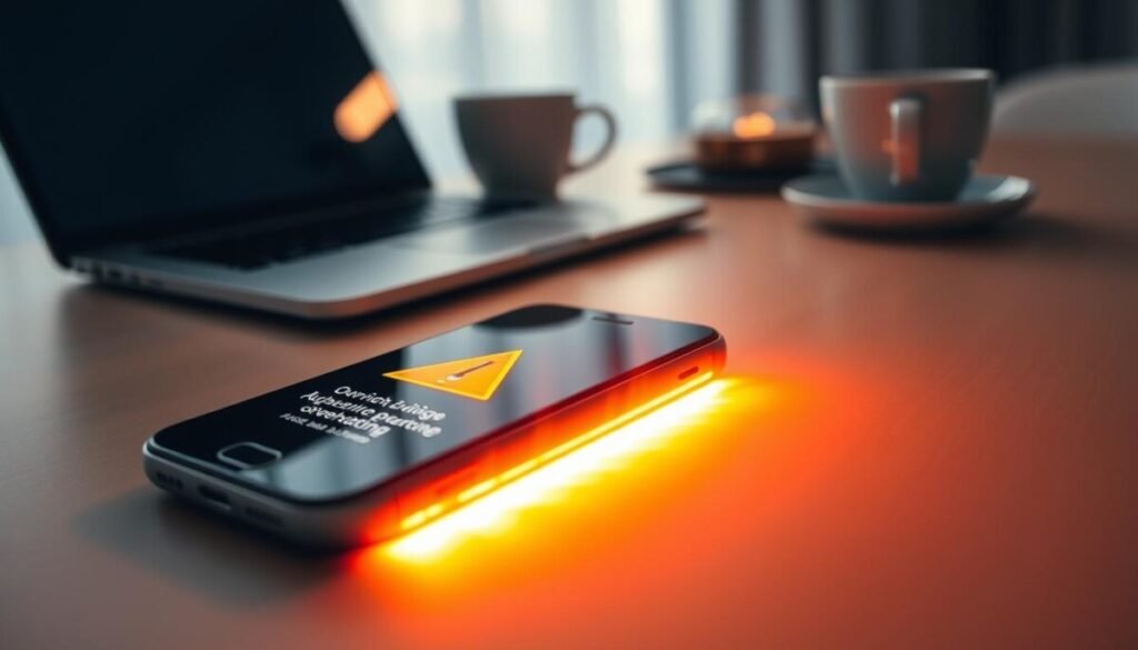 A close-up of a smartphone on a desk, visibly overheating and displaying a warning symbol on the screen. The phone emits a faint glow, surrounded by heat waves to illustrate the rising temperature. In the background, a blurred office environment faintly suggests productivity, with a laptop and coffee cup on a minimalist desk. Soft, diffused lighting enhances the scene, capturing the intensity of the moment without harsh shadows. The angle is slightly tilted to emphasize the phone's screen and the heat emanating from it. Create a mood of urgency and concern while depicting the technical aspects of overheating, such as the glowing screen and heat distortion.