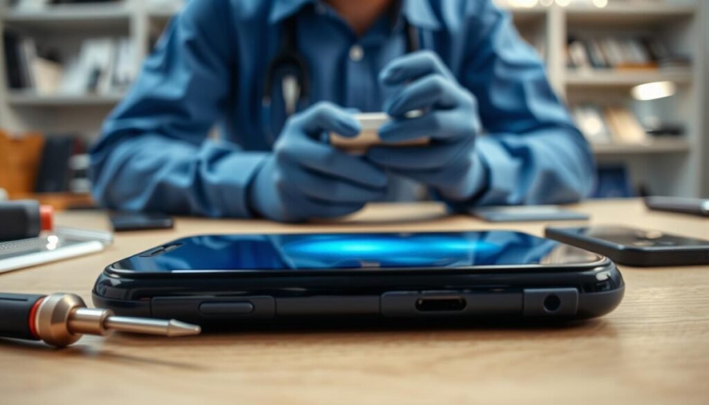 A close-up of a smartphone on a repair technician's workbench, showcasing a visibly overheating phone with a faint glow emanating from the screen. The foreground features tools such as a small screwdriver and a digital thermometer, emphasizing the repair aspect. In the middle, a professional technician in a blue shirt and gloves inspects the phone carefully, demonstrating attention to detail. The background shows a well-organized workspace with shelves filled with spare phone parts, keeping the environment focused on repair. Soft, diffused lighting highlights the phone's screen while casting gentle shadows, creating an atmosphere of concentration and professionalism. The color palette should be neutral, with hints of blue and silver, to convey a technical vibe without distractions.