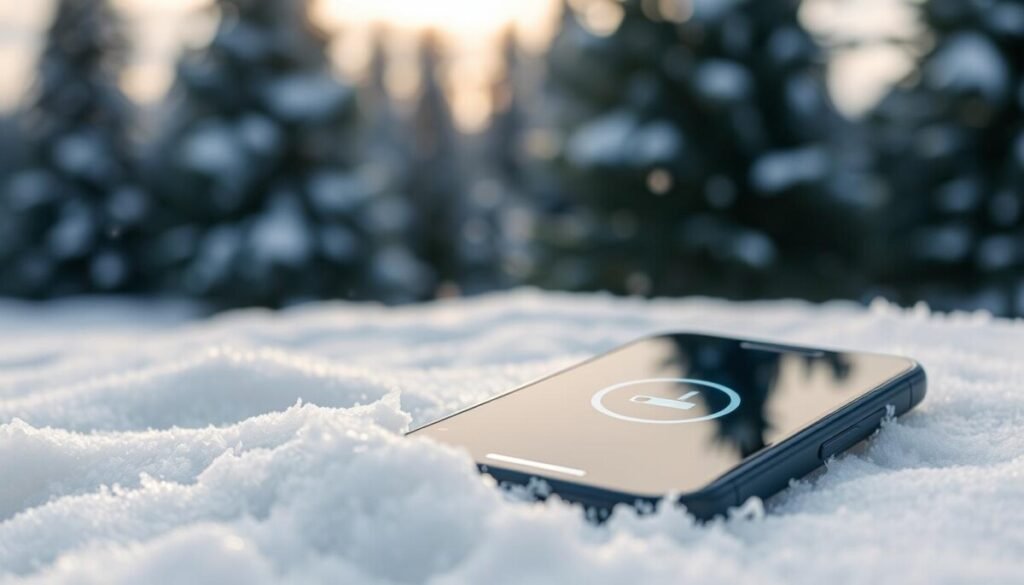 A close-up of a smartphone screen displaying an activated "low power mode" symbol, surrounded by a snowy outdoor winter landscape. The foreground features the phone resting on a soft, white blanket of snow, with delicate frost crystals glistening under soft daylight. In the middle ground, a gently falling snow adds a serene touch to the scene, while the background showcases blurred, snow-covered pine trees, creating a calming atmosphere. The lighting is soft and diffused, reminiscent of a chilly winter morning, enhancing the peaceful mood. The angle captures the screen clearly, emphasizing the low power mode icon, allowing it to be the focal point against the wintry backdrop.