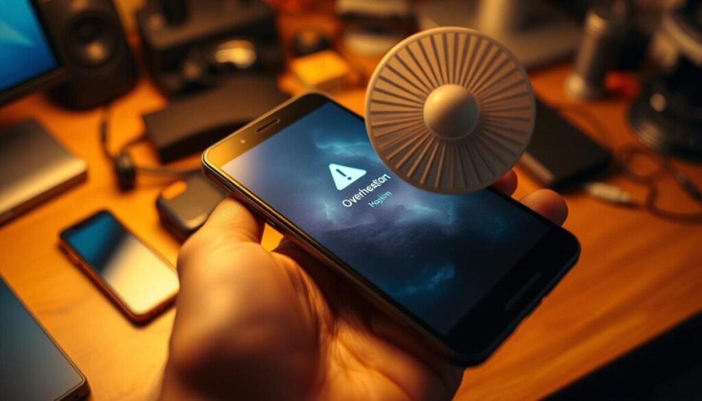 A close-up of a smartphone showing visible signs of overheating, with the screen displaying a warning icon and a slight haze emanating from its surface. In the foreground, a hand is holding the phone, gently fanning it with a small handheld fan, emphasizing the urgency of cooling it down. The background features a desk cluttered with various tech accessories, bathed in warm, ambient lighting that subtly highlights the phone's sleek design. The scene captures a tense atmosphere, suggesting a moment of frustration and concern. Use a shallow depth of field to keep the focus on the phone and the hand while softly blurring the background elements for a more dramatic effect.