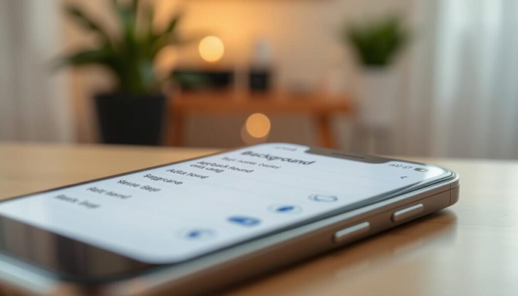 A close-up of a smartphone's settings screen focused on "Background Refresh Settings," showcasing toggles and options related to app background data usage. The foreground should feature a sleek, modern smartphone, angled slightly to emphasize the screen's clarity and detail. In the middle, a subtle background with a softly blurred home environment, suggesting a cozy workspace with a desk and soft ambient lighting, creating a relaxed atmosphere. Use a warm color palette with gentle highlights to enhance the tech-savvy feel. The lighting should be bright yet soft, simulating natural daylight to evoke a sense of calm and control, while maintaining a professional and polished look, perfect for an educational article illustration.