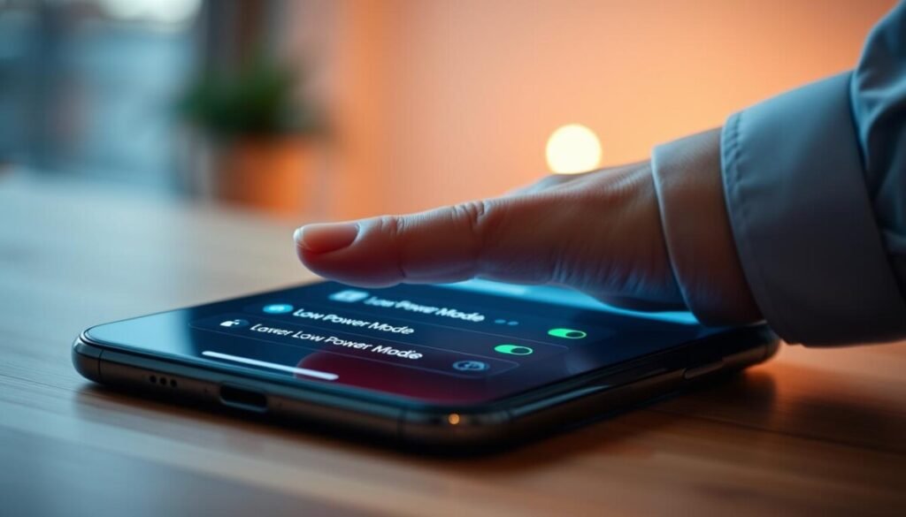 A close-up of an iPhone screen displaying the "Low Power Mode" settings interface. The foreground features the sleek device with a vibrant, detailed display, showing the power-saving options lit up in bright colors. In the middle, a subtle hand gently touches the screen, indicating user interaction, with the fingers portrayed in a professional business attire: a crisp shirt. The background is softly blurred to keep focus on the iPhone, with a warm ambient light illuminating the scene, suggesting a cozy indoor setting. The atmosphere should feel calm and tech-savvy, highlighting the function of the power-saving feature. The image composition utilizes a slight angle for a modern feel, creating depth while maintaining clarity on the iPhone’s display. A close-up of an iPhone screen displaying the "Low Power Mode" settings interface. The foreground features the sleek device with a vibrant, detailed display, showing the power-saving options lit up in bright colors. In the middle, a subtle hand gently touches the screen, indicating user interaction, with the fingers portrayed in a professional business attire: a crisp shirt. The background is softly blurred to keep focus on the iPhone, with a warm ambient light illuminating the scene, suggesting a cozy indoor setting. The atmosphere should feel calm and tech-savvy, highlighting the function of the power-saving feature. The image composition utilizes a slight angle for a modern feel, creating depth while maintaining clarity on the iPhone’s display.