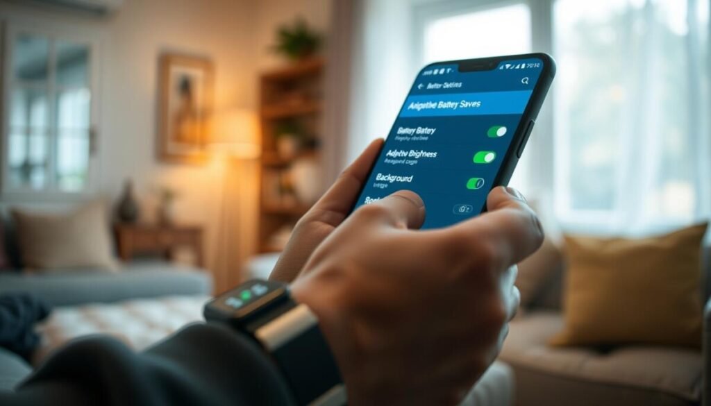 A close-up perspective of a vibrant smartphone displaying an Android battery saver interface, with essential settings highlighted using glowing icons. In the foreground, the phone’s screen is illuminated, showcasing a detailed battery saver menu featuring options like "Battery Optimization," "Adaptive Brightness," and "Background Usage." In the middle ground, a user’s hands are gently holding the phone, wearing a sleek smartwatch that indicates battery levels, reflecting an active lifestyle. In the background, a cozy home environment with soft natural light filtering through a window, creating an inviting atmosphere. The overall mood is focused and energetic, emphasizing the importance of battery life management in daily routines, captured with a shallow depth of field to enhance clarity on the phone screen. A close-up perspective of a vibrant smartphone displaying an Android battery saver interface, with essential settings highlighted using glowing icons. In the foreground, the phone’s screen is illuminated, showcasing a detailed battery saver menu featuring options like "Battery Optimization," "Adaptive Brightness," and "Background Usage." In the middle ground, a user’s hands are gently holding the phone, wearing a sleek smartwatch that indicates battery levels, reflecting an active lifestyle. In the background, a cozy home environment with soft natural light filtering through a window, creating an inviting atmosphere. The overall mood is focused and energetic, emphasizing the importance of battery life management in daily routines, captured with a shallow depth of field to enhance clarity on the phone screen.