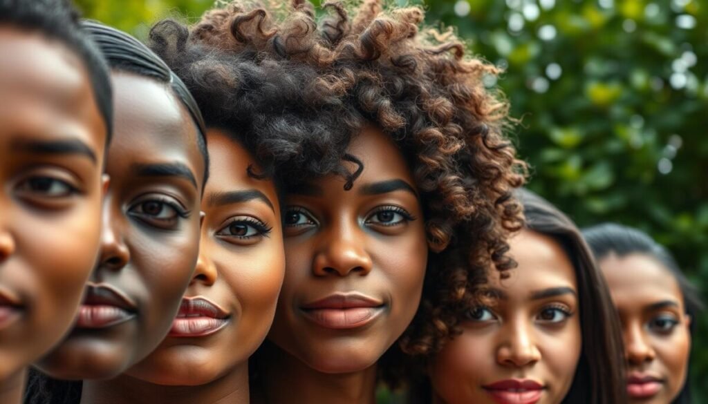 A close-up portrait of a diverse group of individuals, seamlessly showcasing a range of skin tones and hair textures. In the foreground, focus on the intricate details of skin, highlighting natural features such as pores and subtle variations in complexion. Showcase various hairstyles, from curly and voluminous to straight and sleek, each with realistic shine and dynamic movement. The middle ground should include soft, diffused lighting that emphasizes the textures without harsh shadows, creating a warm and inviting atmosphere. Use a shallow depth of field to keep the viewers' attention on the subjects’ skin and hair quality, with a blurred natural background of greenery that complements the mood. Capture this image with a 50mm lens from eye level for a personal and intimate feel. A close-up portrait of a diverse group of individuals, seamlessly showcasing a range of skin tones and hair textures. In the foreground, focus on the intricate details of skin, highlighting natural features such as pores and subtle variations in complexion. Showcase various hairstyles, from curly and voluminous to straight and sleek, each with realistic shine and dynamic movement. The middle ground should include soft, diffused lighting that emphasizes the textures without harsh shadows, creating a warm and inviting atmosphere. Use a shallow depth of field to keep the viewers' attention on the subjects’ skin and hair quality, with a blurred natural background of greenery that complements the mood. Capture this image with a 50mm lens from eye level for a personal and intimate feel.