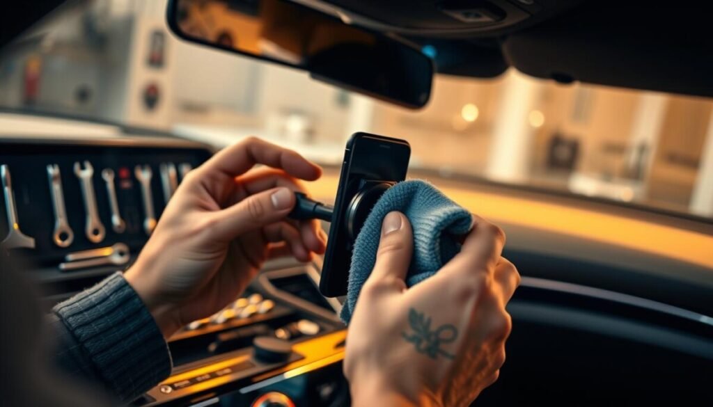 A close-up scene depicting the maintenance of a car phone mount. In the foreground, a pair of hands is seen carefully inspecting and cleaning the phone mount with a microfiber cloth, demonstrating attention to detail. The middle ground features a well-organized toolbox with various maintenance tools like small wrenches and screwdrivers. In the background, the interior of a car is subtly visible, with soft lighting that highlights an elegant dashboard. The atmosphere should feel warm and inviting, evoking a sense of care and precision in vehicle maintenance. The image should capture the essence of prolonging the life of a phone mount, showcasing the importance of regular upkeep.