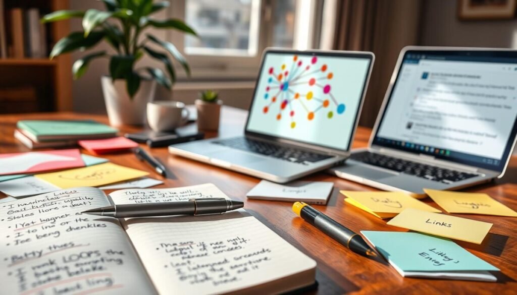 A close-up scene of a wooden desk filled with neatly arranged notes and stationery items, with colorful sticky notes and index cards showcasing bulleted ideas and links. The foreground features a well-used notebook with handwritten annotations, a stylish pen, and a highlighter. In the middle, a sleek laptop is open, displaying the Obsidian interface with interconnected notes visually represented as vibrant, floating nodes. In the background, soft natural light filters through a window, casting gentle shadows and offering a warm, inviting atmosphere. A potted plant adds a touch of greenery, enhancing the cozy, productive workspace vibe, suitable for a beginner diving into note-taking and organization. A close-up scene of a wooden desk filled with neatly arranged notes and stationery items, with colorful sticky notes and index cards showcasing bulleted ideas and links. The foreground features a well-used notebook with handwritten annotations, a stylish pen, and a highlighter. In the middle, a sleek laptop is open, displaying the Obsidian interface with interconnected notes visually represented as vibrant, floating nodes. In the background, soft natural light filters through a window, casting gentle shadows and offering a warm, inviting atmosphere. A potted plant adds a touch of greenery, enhancing the cozy, productive workspace vibe, suitable for a beginner diving into note-taking and organization.