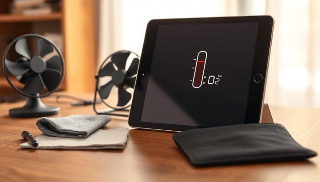 A close-up scene of an iPad placed on a wooden desk, showcasing a digital thermometer displaying an elevated temperature. Surround the iPad with various practical tools for fixing overheating issues: a small fan, a microfiber cloth, and a cooling pad, all neatly arranged. In the background, a soft-focus workstation with a window allowing natural light to filter in, creating a calm and focused atmosphere. Use warm lighting to enhance the inviting feel, while ensuring the scene feels informative and solution-oriented. Capture the perspective at a slight angle to emphasize the tools and the iPad together, conveying a sense of action and practical troubleshooting. A close-up scene of an iPad placed on a wooden desk, showcasing a digital thermometer displaying an elevated temperature. Surround the iPad with various practical tools for fixing overheating issues: a small fan, a microfiber cloth, and a cooling pad, all neatly arranged. In the background, a soft-focus workstation with a window allowing natural light to filter in, creating a calm and focused atmosphere. Use warm lighting to enhance the inviting feel, while ensuring the scene feels informative and solution-oriented. Capture the perspective at a slight angle to emphasize the tools and the iPad together, conveying a sense of action and practical troubleshooting.