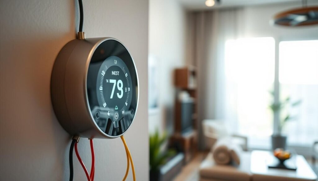 A close-up shot of a Nest thermostat mounted on a modern wall, showcasing detailed wiring and connections for verification. In the foreground, the thermostat is clearly visible with its sleek design and digital display. The middle ground features various colored wires, neatly labeled for easy identification, illustrating the wiring configuration. In the background, a well-lit, contemporary living room space is visible, enhancing the focus on the thermostat. Soft, natural lighting streams in through a nearby window, creating a calm and organized atmosphere. The image is captured with a slight angle, providing depth and interest, emphasizing precision and technical detail essential for troubleshooting wiring and system compatibility.