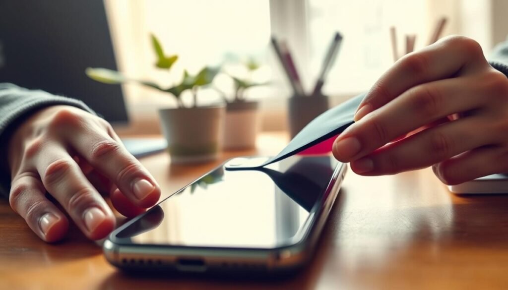 A close-up shot of a person carefully removing a sleek protective case from an iPhone, focusing on the phone's camera area. The foreground features the hands of the person, dressed in smart casual attire, gently gripping the edges of the case while the iPhone is positioned on a wooden desk. In the middle, the iPhone displays its glossy finish, highlighting the camera lens that’s glimmering slightly under natural daylight. The background consists of a soft-focus home office setting with a blurred plant and stationery, creating an inviting atmosphere. The lighting is warm and soft, suggesting a cozy workspace. The overall mood is focused yet relaxed, emphasizing the task of addressing overheating issues with care and attention.