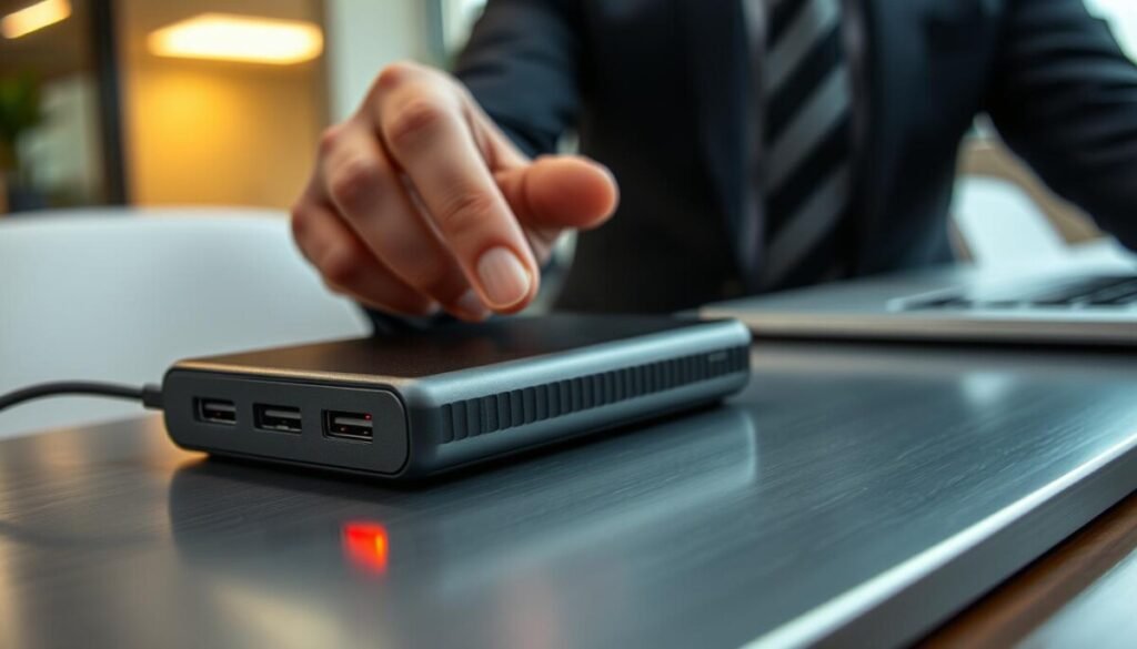 A close-up shot of a power bank overheating, situated on a sleek metal surface with visible signs of distress, such as a faint glow and slight smoke emanating from one side. In the foreground, detailed textures of the power bank’s casing and charging ports are highlighted, showcasing heat distortion. The middle section of the image features a hand in a professional business attire, cautiously pulling away from the device, emphasizing the urgency of safety checks. The background is softly blurred, depicting a modern office environment with a subtle warm light filtering through a nearby window, creating an atmosphere of concern and vigilance. The overall mood conveys the importance of immediate safety measures when dealing with electronic devices that show signs of overheating.