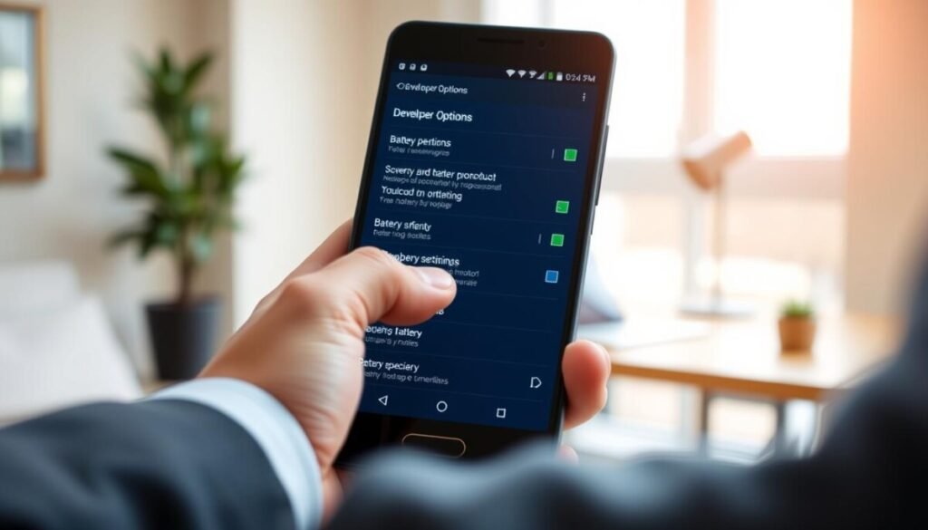 A close-up shot of a sleek Android smartphone displaying the "Developer Options" menu, specifically focusing on the battery settings. The screen should highlight various battery optimization features with vibrant icons and toggles glowing softly in hues of green and blue. In the foreground, partially visible, is a pair of hands, one fingers gently tapping on the screen, dressed in professional business attire. The middle ground features a softly blurred view of a modern workspace with a wooden desk, a laptop, and a plant, creating an inviting atmosphere. The background is softly lit with diffused natural light coming from a window, creating a warm, tech-savvy feel. The overall mood is professional and informative, suited for an article on mobile technology. A close-up shot of a sleek Android smartphone displaying the "Developer Options" menu, specifically focusing on the battery settings. The screen should highlight various battery optimization features with vibrant icons and toggles glowing softly in hues of green and blue. In the foreground, partially visible, is a pair of hands, one fingers gently tapping on the screen, dressed in professional business attire. The middle ground features a softly blurred view of a modern workspace with a wooden desk, a laptop, and a plant, creating an inviting atmosphere. The background is softly lit with diffused natural light coming from a window, creating a warm, tech-savvy feel. The overall mood is professional and informative, suited for an article on mobile technology.
