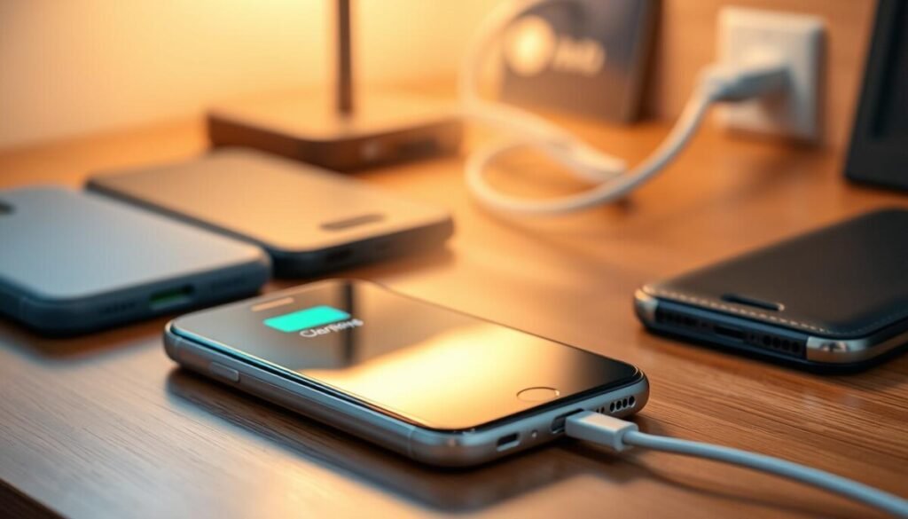 A close-up shot of a smartphone charging on a wooden desk, surrounded by various phone cases made of different materials—silicone, hard plastic, leather, and metal. The foreground features a smartphone displaying a charging indicator, with a soft glow highlighting its screen. In the middle ground, subtle heat waves are visually represented above the device, creating an atmospheric effect that illustrates thermal energy. The background showcases a blurred charging cable and a power outlet, emphasizing the charging process. Soft, warm lighting casts a cozy and inviting ambiance, enhancing the idea of thermal safety during charging. The overall mood conveys a sense of caution and awareness, focusing on the relationship between charging habits and device safety. A close-up shot of a smartphone charging on a wooden desk, surrounded by various phone cases made of different materials—silicone, hard plastic, leather, and metal. The foreground features a smartphone displaying a charging indicator, with a soft glow highlighting its screen. In the middle ground, subtle heat waves are visually represented above the device, creating an atmospheric effect that illustrates thermal energy. The background showcases a blurred charging cable and a power outlet, emphasizing the charging process. Soft, warm lighting casts a cozy and inviting ambiance, enhancing the idea of thermal safety during charging. The overall mood conveys a sense of caution and awareness, focusing on the relationship between charging habits and device safety.