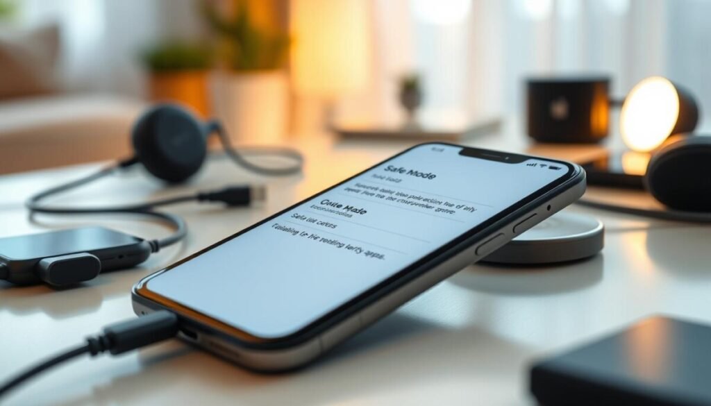 A close-up shot of a smartphone screen displaying the "Safe Mode" interface, showcasing a simple, minimalist layout with options clearly visible. The smartphone is placed on a clean, modern desk, surrounded by everyday tech accessories like charging cables and headphones. In the background, a softly lit room with blurred hints of a cozy workspace creates a calm atmosphere. The lighting is warm and inviting, with the phone illuminated to emphasize the screen details. The angle is slightly tilted to provide an engaging perspective, inviting viewers into the scene. The overall mood conveys a sense of troubleshooting and clarity, highlighting the importance of isolating third-party apps while maintaining a professional aesthetic. A close-up shot of a smartphone screen displaying the "Safe Mode" interface, showcasing a simple, minimalist layout with options clearly visible. The smartphone is placed on a clean, modern desk, surrounded by everyday tech accessories like charging cables and headphones. In the background, a softly lit room with blurred hints of a cozy workspace creates a calm atmosphere. The lighting is warm and inviting, with the phone illuminated to emphasize the screen details. The angle is slightly tilted to provide an engaging perspective, inviting viewers into the scene. The overall mood conveys a sense of troubleshooting and clarity, highlighting the importance of isolating third-party apps while maintaining a professional aesthetic.