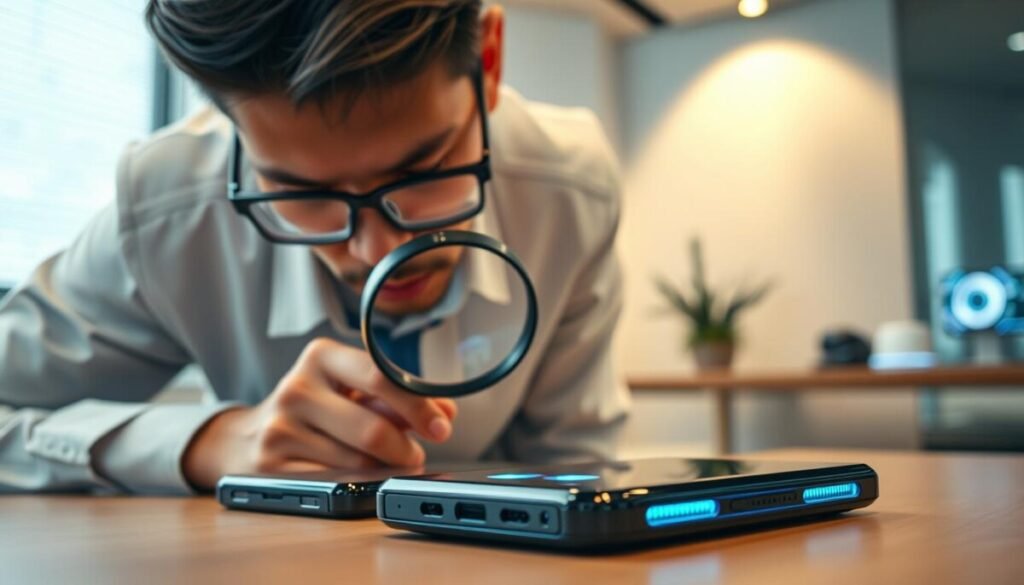 A close-up shot of a tech-savvy individual in professional attire, evaluating two sleek smartphones on a table. The foreground features the smartphones, one prominently showcasing a vapor chamber cooling design, highlighted by glowing blue accents to indicate superior cooling capabilities. The individual, focused and engaged, leans slightly forward, using a magnifying glass to examine the cooling details thoroughly. In the background, a modern, minimalist office with soft, diffused light creates a calm atmosphere, while a subtle reflection of futuristic tech decor adds depth. The image is composed with a shallow depth of field, ensuring the smartphones remain the focal point while the background softly blurs, emphasizing the importance of choosing the right smartphone for optimal performance. A close-up shot of a tech-savvy individual in professional attire, evaluating two sleek smartphones on a table. The foreground features the smartphones, one prominently showcasing a vapor chamber cooling design, highlighted by glowing blue accents to indicate superior cooling capabilities. The individual, focused and engaged, leans slightly forward, using a magnifying glass to examine the cooling details thoroughly. In the background, a modern, minimalist office with soft, diffused light creates a calm atmosphere, while a subtle reflection of futuristic tech decor adds depth. The image is composed with a shallow depth of field, ensuring the smartphones remain the focal point while the background softly blurs, emphasizing the importance of choosing the right smartphone for optimal performance.