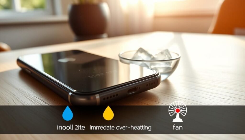 A close-up shot of an iPhone resting on a light-colored wooden table, showing evidence of overheating with a slight shimmer effect on the screen. In the foreground, there are three immediate cooling tips illustrated as small, colorful icons: a thermometer indicating temperature, a droplet of water for hydration, and a fan symbol for air circulation. The middle of the scene features a small bowl filled with ice cubes next to the iPhone, emphasizing a cooling solution. In the background, a blurred image of a sunny window casts gentle, warm sunlight across the scene, creating a relaxed yet alert atmosphere. The overall mood is both informative and serene, capturing the urgency of cooling down the device without feeling chaotic. The image should have soft daylight illumination, reflecting a practical and modern setting. A close-up shot of an iPhone resting on a light-colored wooden table, showing evidence of overheating with a slight shimmer effect on the screen. In the foreground, there are three immediate cooling tips illustrated as small, colorful icons: a thermometer indicating temperature, a droplet of water for hydration, and a fan symbol for air circulation. The middle of the scene features a small bowl filled with ice cubes next to the iPhone, emphasizing a cooling solution. In the background, a blurred image of a sunny window casts gentle, warm sunlight across the scene, creating a relaxed yet alert atmosphere. The overall mood is both informative and serene, capturing the urgency of cooling down the device without feeling chaotic. The image should have soft daylight illumination, reflecting a practical and modern setting.