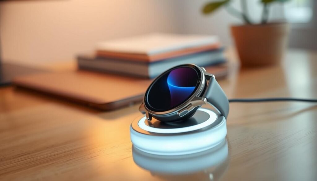 A close-up view of a Galaxy Watch gently placed on a sleek, modern charging pad designed for smartwatches. The watch displays a lit screen, showcasing its vibrant interface against a soft, diffused glow from the charging pad. The background softly fades into a blurred, elegant workspace, with hints of a wooden desk and a subtle plant, creating a tranquil atmosphere. Natural warm lighting enhances the scene, reflecting off the watch’s metallic surface and highlighting its features. The angle is slightly above the watch, capturing both the device and the charger, while inducing a sense of calm and safety, ideal for illustrating best practices for safe charging.