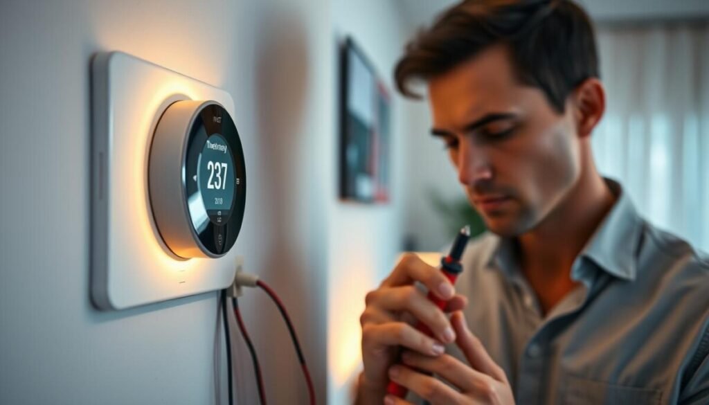 A close-up view of a Nest Thermostat unit mounted on a plaster wall, with a soft, warm ambient light illuminating its digital display. In the foreground, a faintly glowing battery icon indicates a low power level. Next to the thermostat, a professional-looking technician in a modest casual shirt examines the device with a multimeter in hand, showcasing a focused expression. The middle ground features subtle wires and connections, hinting at power issues. The background is blurred but suggests a cozy, well-kept living room environment. Create a mood of determination and clarity as the technician diagnoses potential battery charging issues, emphasizing the importance of power connectivity.