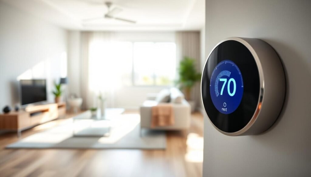 A close-up view of a Nest thermostat mounted on a modern wall, set against a sleek living room backdrop. The foreground features the thermostat displaying a vibrant blue cooling icon, with a soft glow emanating from its digital screen. In the middle ground, a well-furnished room with minimalist decor, subtle indoor plants, and bright, natural lighting enhances the atmosphere. The background reveals a hint of an open window, allowing sunlight to filter in, symbolizing a fresh and airy environment. The image conveys a professional and calm mood, suggesting reliability and the importance of maintaining a comfortable indoor climate. The photograph is taken from a slightly elevated angle, focusing on the thermostat while blurring the background for emphasis.