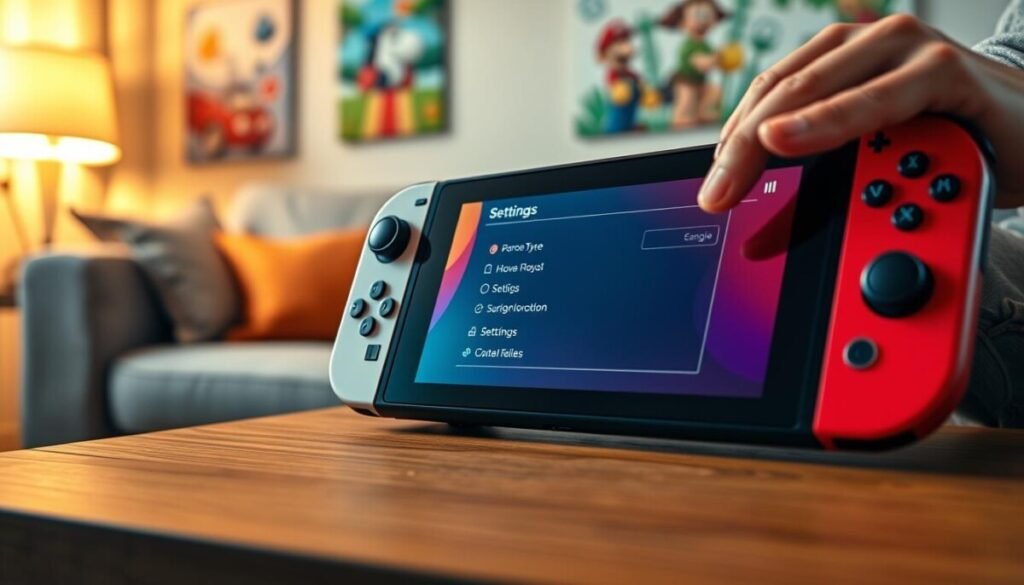 A close-up view of a Nintendo Switch console displaying the settings menu on its screen, with vibrant colors and clear icons. In the foreground, the console is positioned on a sleek wooden table, surrounded by a cozy living room setting. A playful, soft-focus background shows a comfortable sofa and a Nintendo-themed wall art, enhancing the homey atmosphere. Warm, ambient lighting creates a relaxed mood, reflecting a casual gaming environment. There's a pair of hands in the frame, wearing casual attire, carefully navigating the settings with a finger on the touchscreen, emphasizing user engagement. The overall image should convey a sense of troubleshooting and adjustment, highlighting the importance of tinkering with console settings for optimal performance.