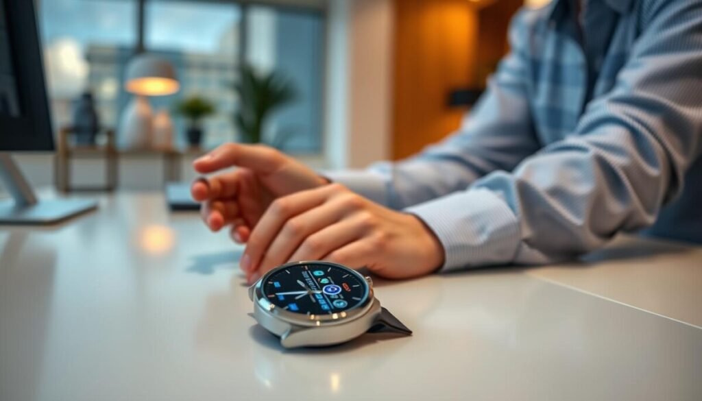 A close-up view of a Samsung Galaxy Watch on a sleek desk, displaying the app management interface. In the foreground, the watch screen shows various app icons, illuminated with a soft, blue glow. The middle ground features a pair of professional hands gently interacting with the touchscreen, wearing modest casual attire. The background consists of a blurred office environment with warm lighting, suggesting a relaxed yet focused atmosphere. The composition should convey a sense of productivity and efficiency, with a slight tilt-angle to emphasize the watch's features. The overall mood is professional and tech-savvy, highlighting the importance of managing apps to prevent overheating on smartwatches.